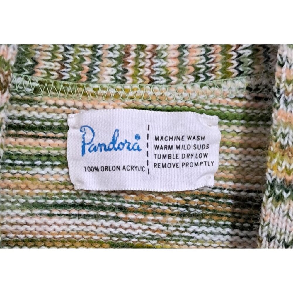 Vintage 70s Pandora Green & Cream Knit Open Front Cardigan Sweater With Belt - Picture 3 of 8